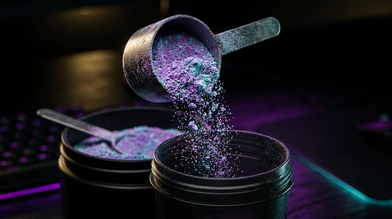 Gaming-Booster-Pulver wird mit einem Messlöffel in einen Shaker dosiert, dunkler Hintergrund mit dezentem RGB-Glow