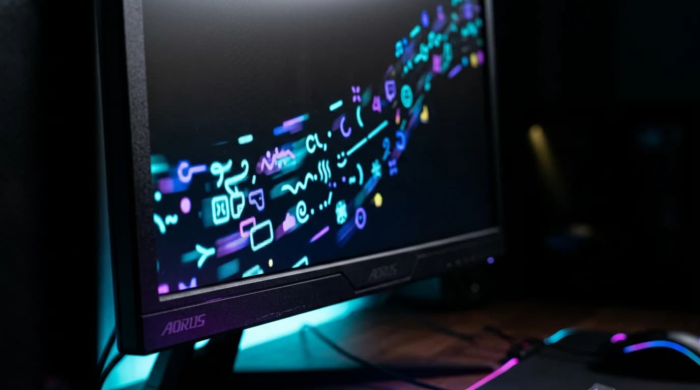 Abstrakte Twitch-Chat-Emotes auf dunklem Gaming-Monitor