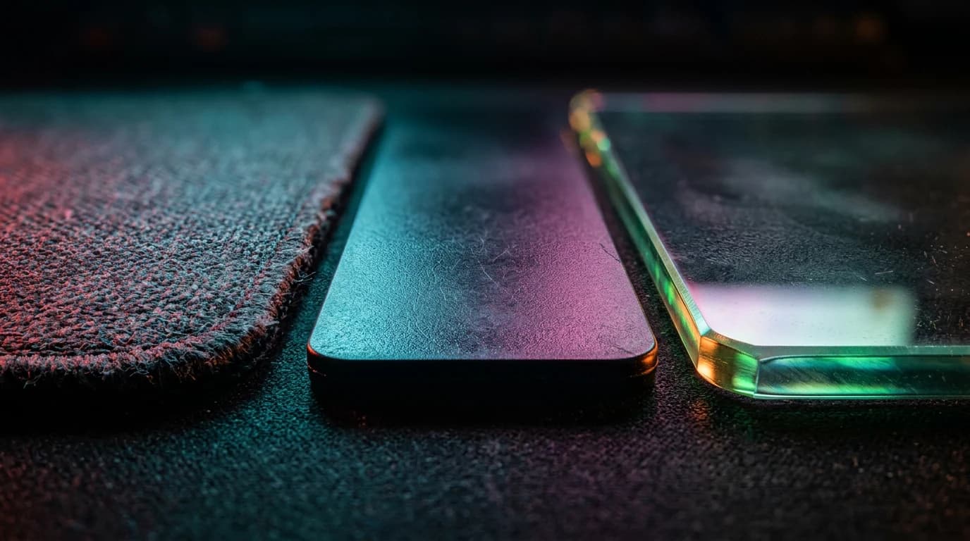 Drei Mauspad-Materialien im Vergleich: Stoff, Hartplastik und Glas nebeneinander auf dunklem Gaming-Schreibtisch mit RGB-Beleuchtung