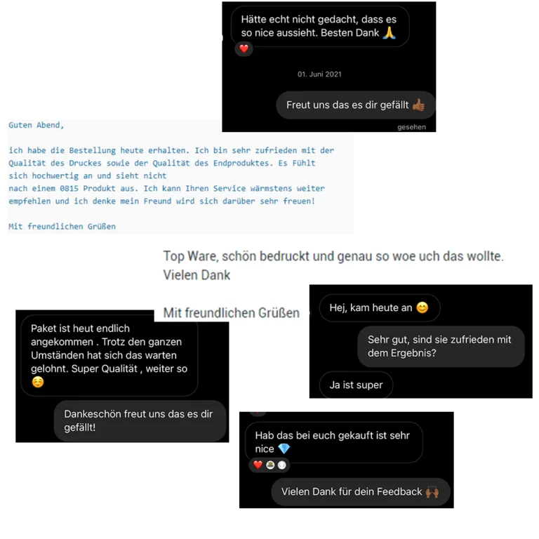 SETUPKING Kundenfeedback: Screenshots von positiven Kundennachrichten zu Custom LED Mauspads