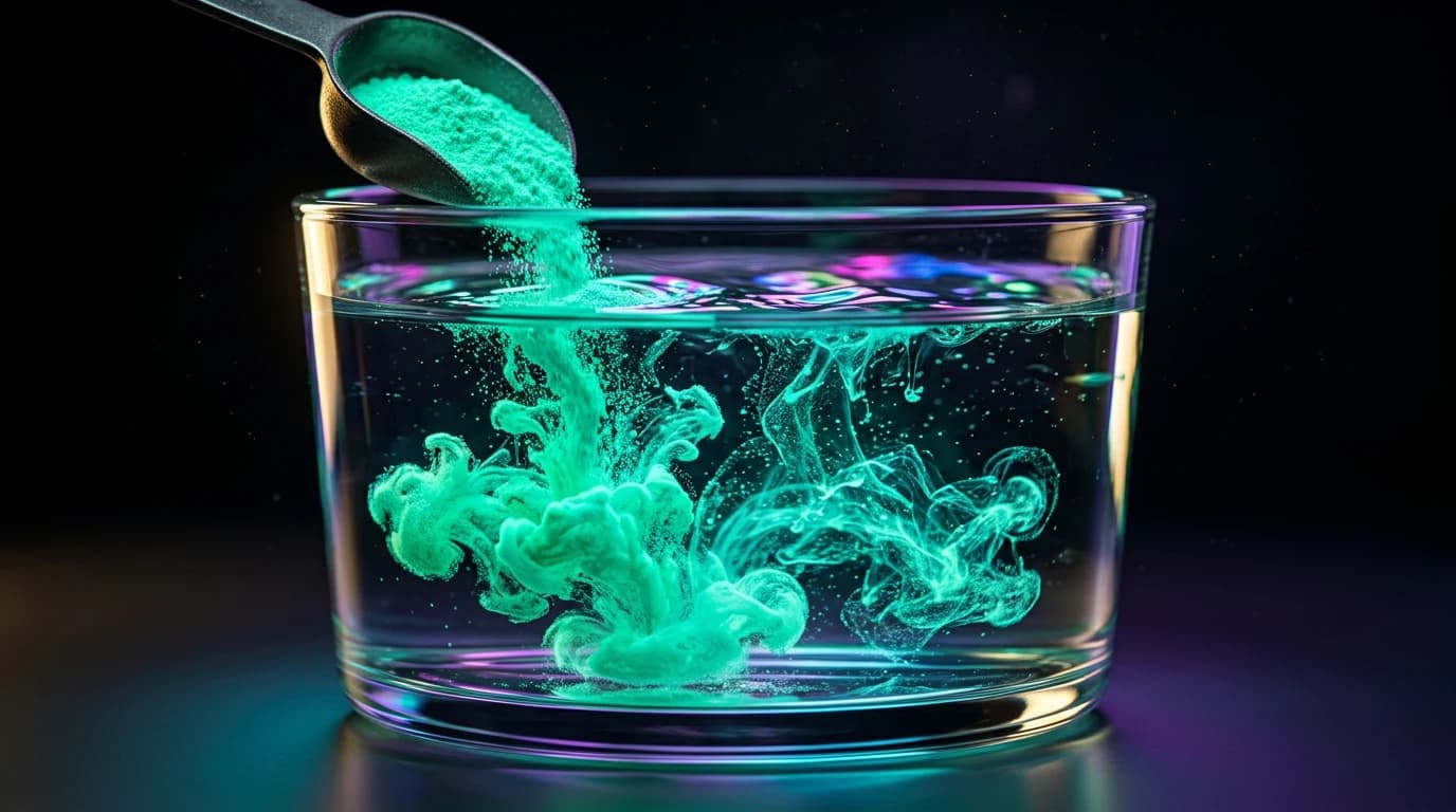 Gaming-Booster-Pulver wird in ein Glas mit Wasser gegossen, RGB-Lichtreflexe im Wasser vor dunklem Hintergrund