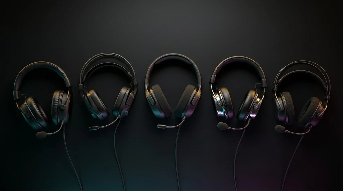 Fünf Gaming Headsets unter 60 Euro im Flat-Lay Vergleich auf dunklem Hintergrund mit RGB-Beleuchtung