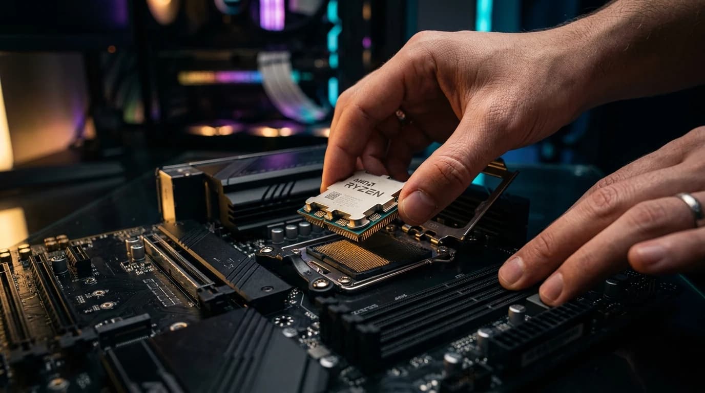 CPU wird in den Mainboard-Sockel eingesetzt, Nahaufnahme beim PC-Zusammenbau