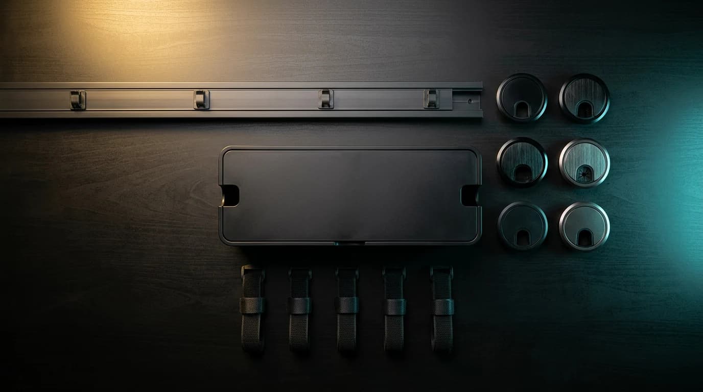 Kabelmanagement-Zubehör: Kabelkanal, Kabelbox, Kabeldurchführungen und Klettkabelbinder auf dunklem Hintergrund