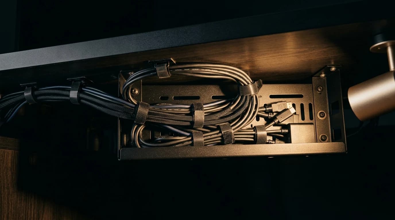 Kabelwanne unter dem Schreibtisch mit organisierten Kabeln und montierter Steckdosenleiste