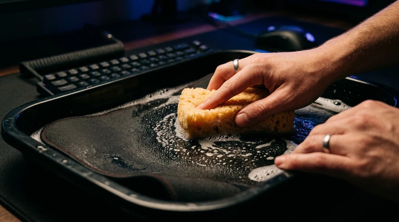 Close-up eines Stoff-Mauspads im lauwarmen Wasserbad mit Schwamm und dunklem Hintergrund