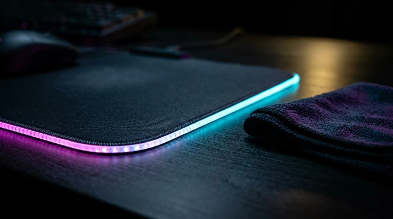 RGB-LED-Mauspad mit leuchtenden Rändern auf Schreibtisch, daneben ein Mikrofasertuch zur Reinigung