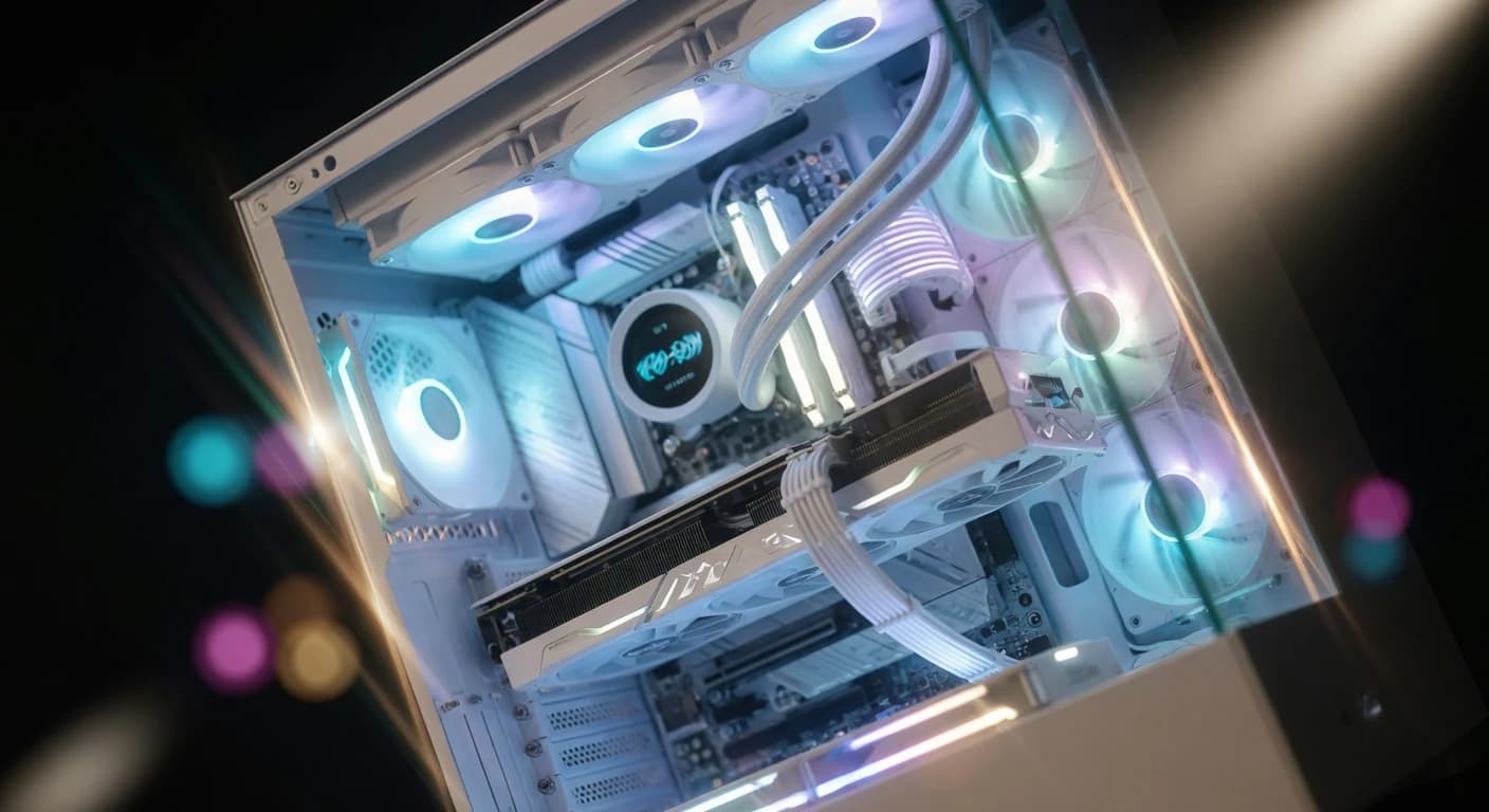 Innenraum eines weißen High-End-Gaming-PCs mit 360-mm-AIO-Wasserkühlung, weißem Gehäuse und RGB-Lüftern im 45-Grad-Winkel