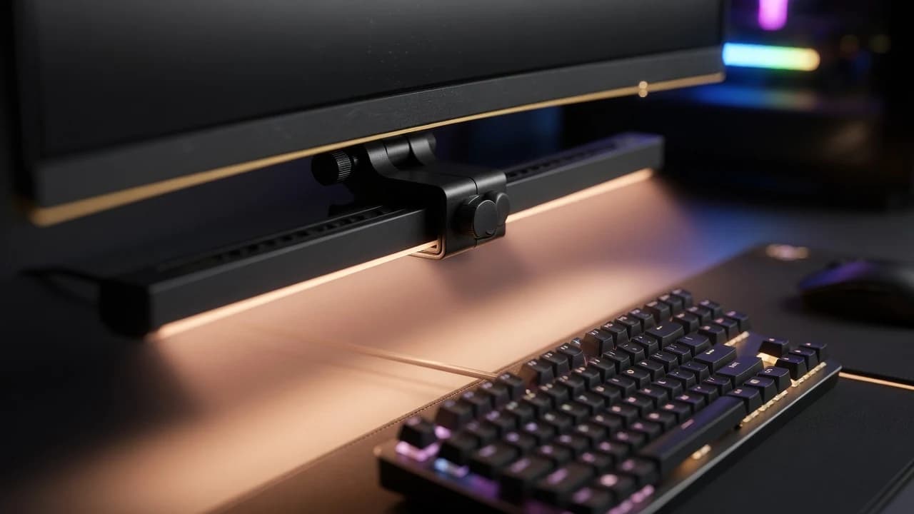 Screenbar am oberen Monitorrand geklemmt, warmes Licht fällt auf Tastatur und Mauspad in einem dunklen Gaming-Setup