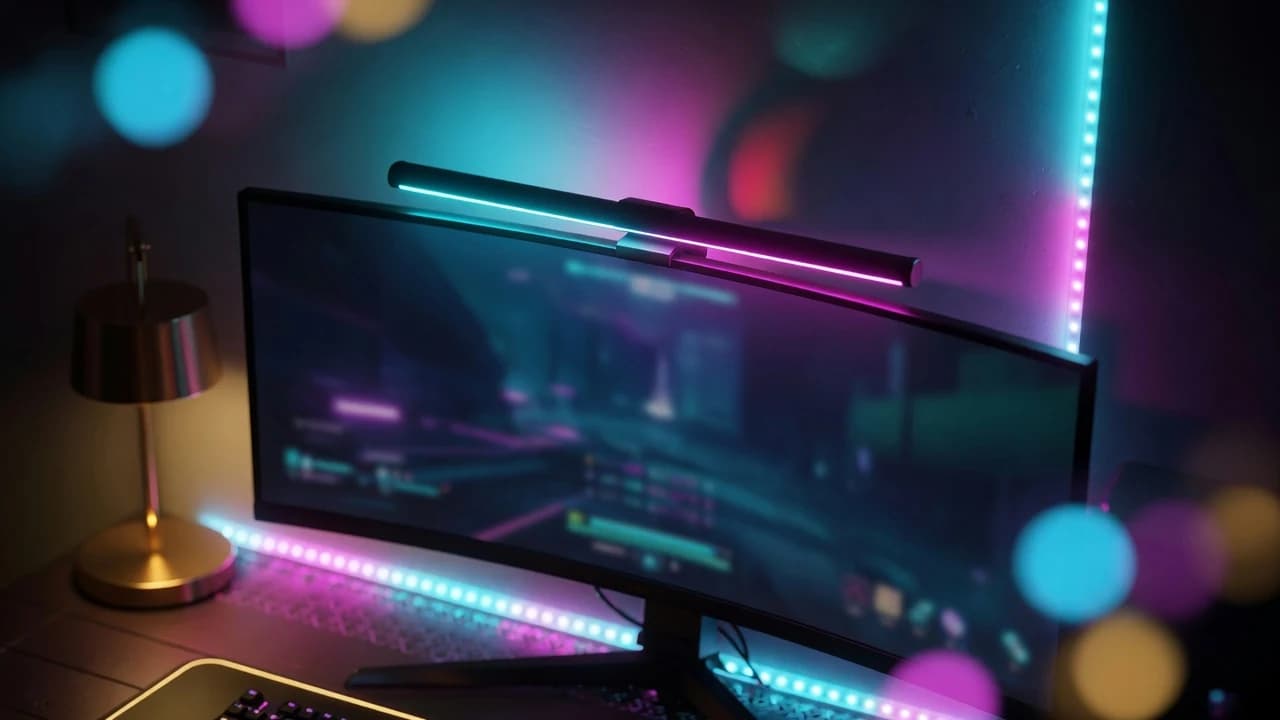 Screenbar mit RGB-Backlight über einem Curved-Gaming-Monitor, farbiger Glow an der Wand, passend zu den LED-Strips im dunklen Setup