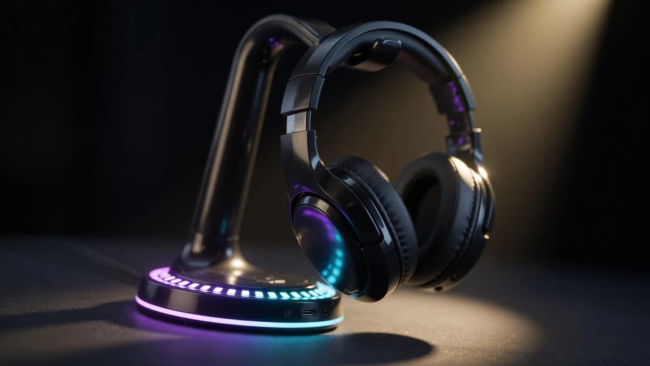 RGB-Kopfhörerständer mit Gaming-Headset auf einem dunklen Schreibtisch, cyan und magenta Glow