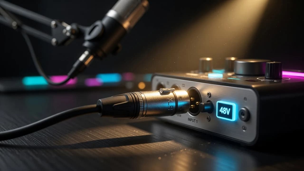 XLR-Kabel führt von einem Kondensatormikrofon am Mikrofonarm in ein Audio Interface auf einem dunklen Streaming-Desk mit RGB-Beleuchtung