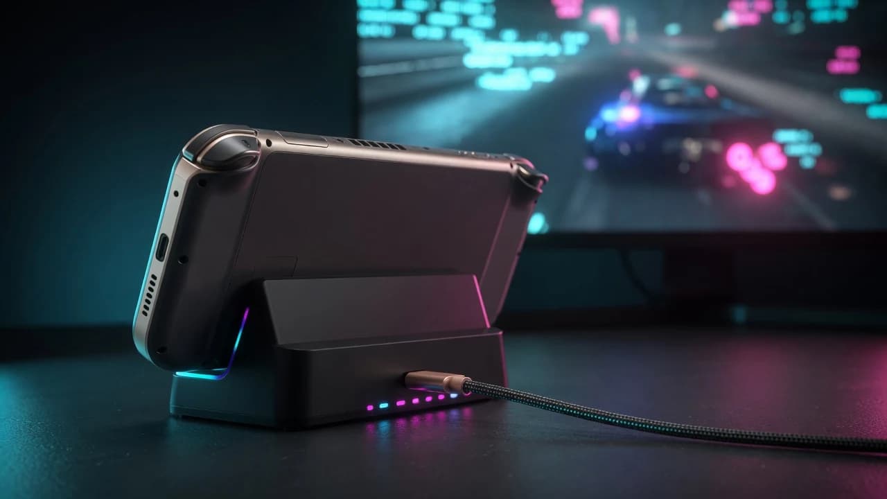 Gaming-Handheld in einer Docking Station am dunklen Setup, Monitor mit Gameplay-Glow im Hintergrund