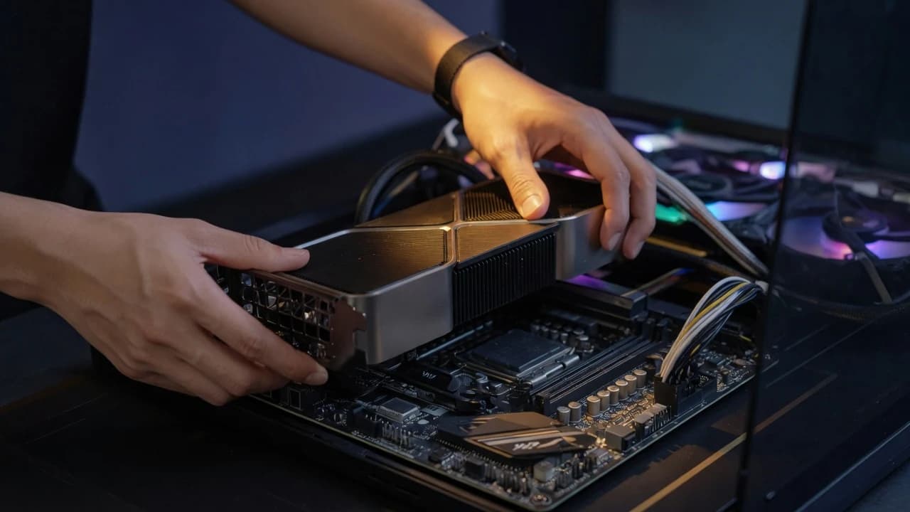 Einbau einer Grafikkarte in das Mainboard eines Einsteiger-Streaming-PCs mit RGB-Beleuchtung