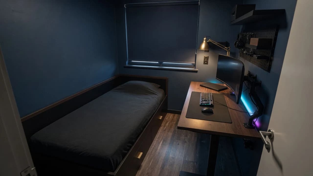 Kompaktes Gaming-Zimmer mit Bett und Schreibtisch als getrennte Zonen, Wandstauraum und freiem Laufweg