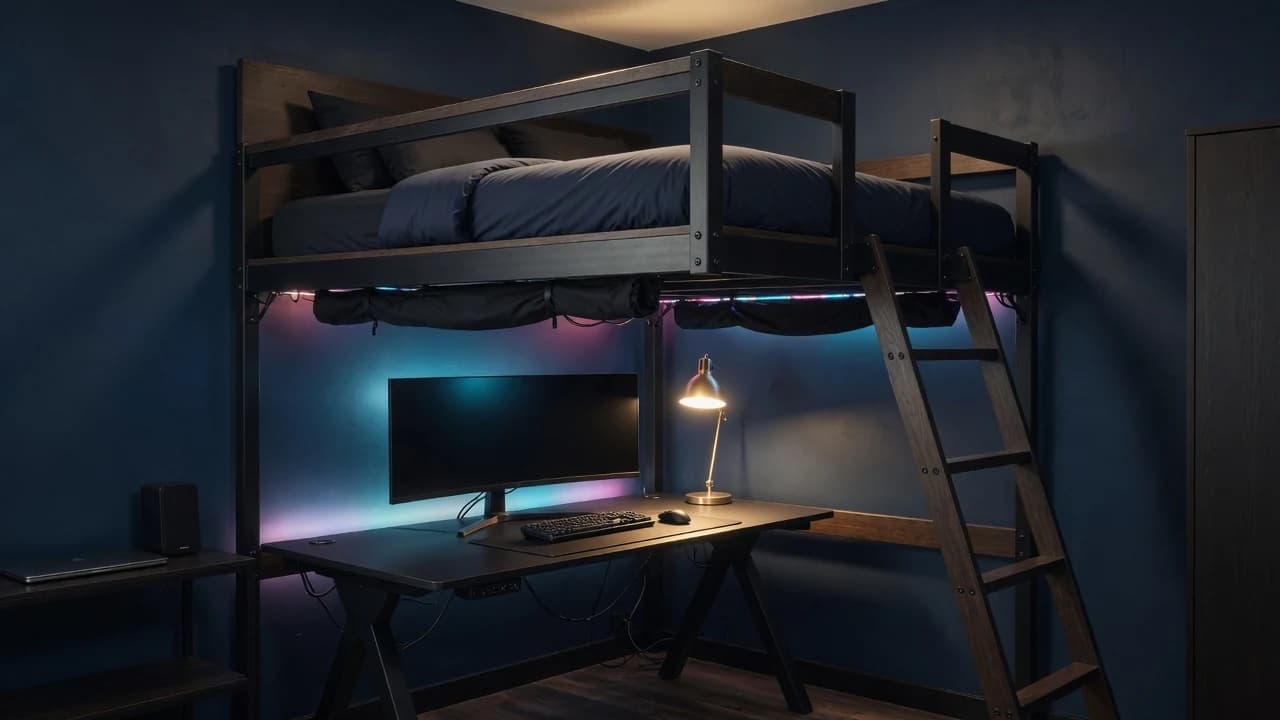 Gaming-Hochbett mit Schreibtisch und Monitor unter der Liegefläche in einem kompakten Jugendzimmer