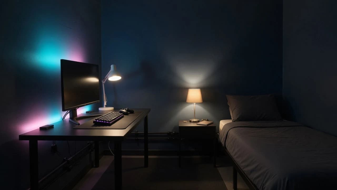 Gaming-Jugendzimmer mit hellem Arbeitslicht, indirektem RGB am Monitor und warmem Licht am Bett
