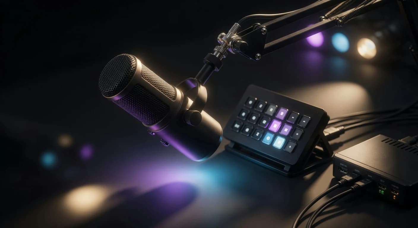 Broadcast-Mikrofon, Elgato Stream Deck und Capture-Card-Setup in Nahaufnahme, dunkel beleuchtet mit RGB-Akzenten