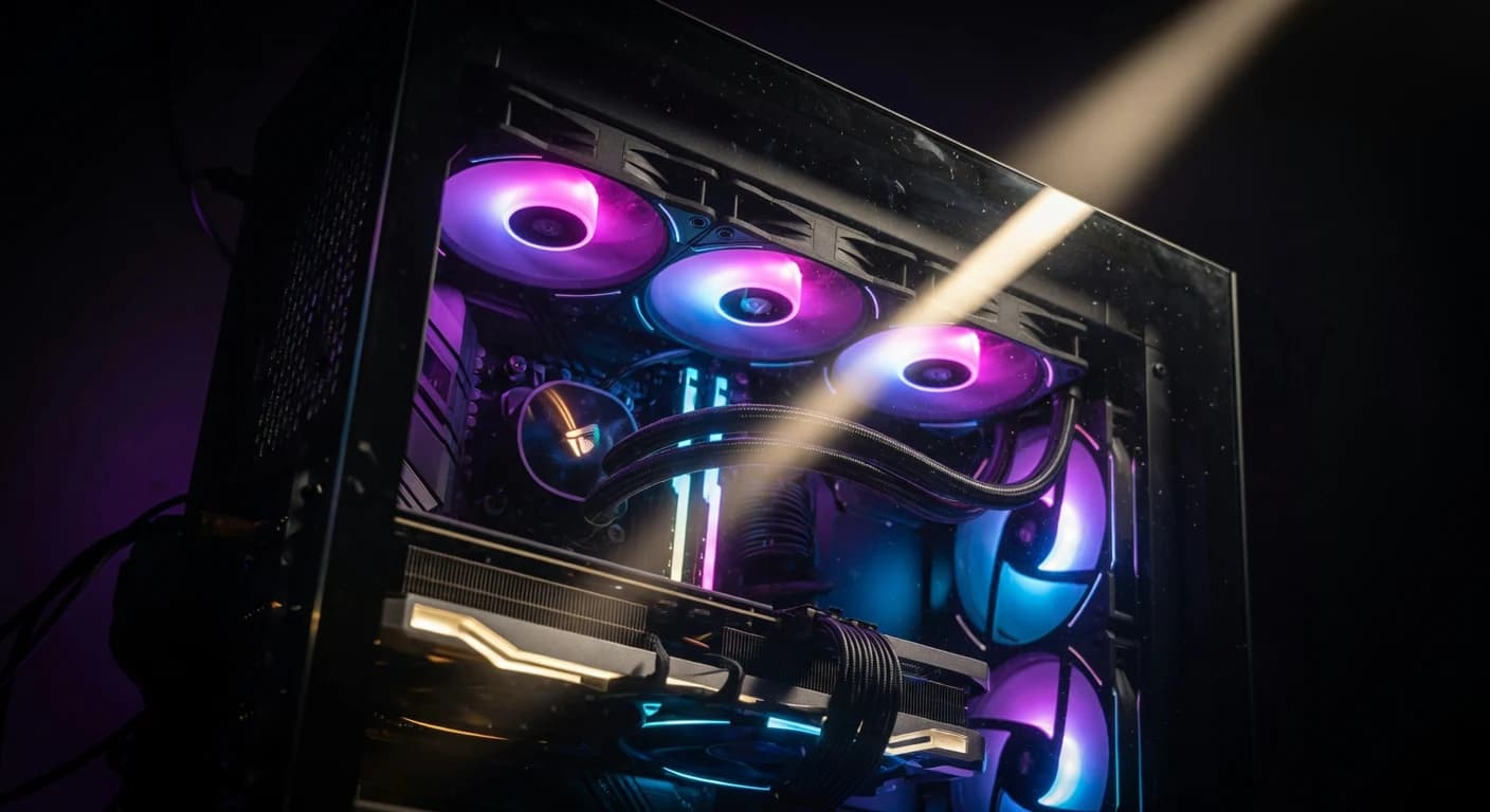 Offener Gaming-Tower mit High-End-Grafikkarte, 360-mm-Wasserkühlung und aRGB-Lüftern in dunkler Nahaufnahme mit gezielten Lichtspots