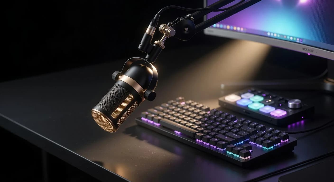 Broadcast-Mikrofon-Arm, mechanische Low-Profile-Tastatur und WQHD-Monitor in Nahaufnahme, dunkel beleuchtet mit RGB-Akzenten