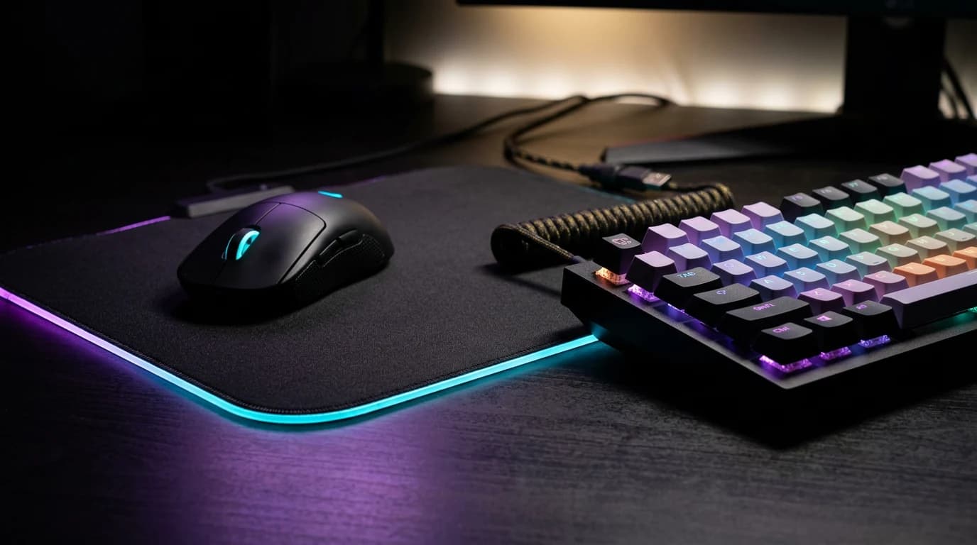 Custom Mauspad mit RGB-Beleuchtung neben Gaming-Peripherie auf dunklem Hintergrund