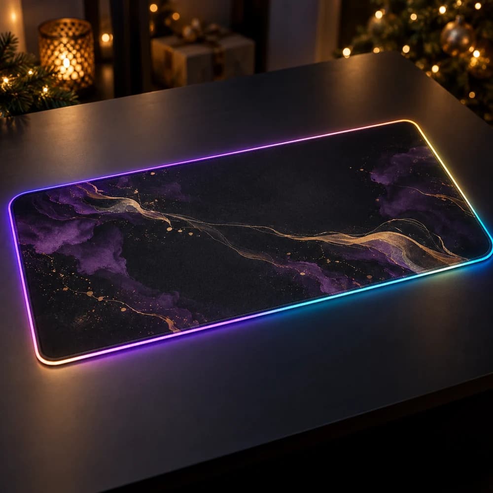 Generierte Visualisierung eines individuell gestalteten RGB-Mauspads auf einem Gaming-Schreibtisch; Designbeispiel, kein Produktfoto