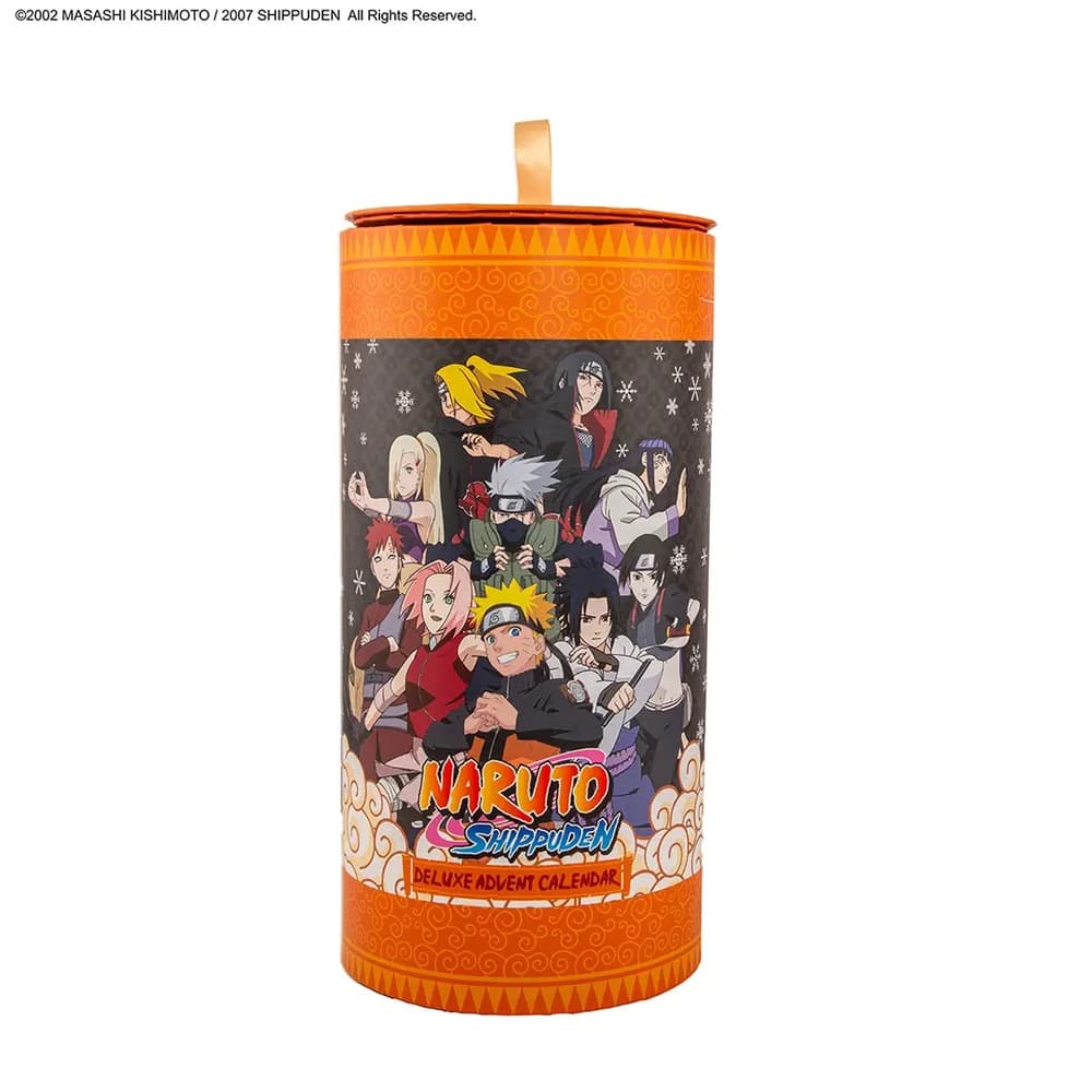 Händlerabbildung des Naruto Shippuden Deluxe Adventskalenders: orange-schwarze zylindrische Verpackung mit Figurenmotiven