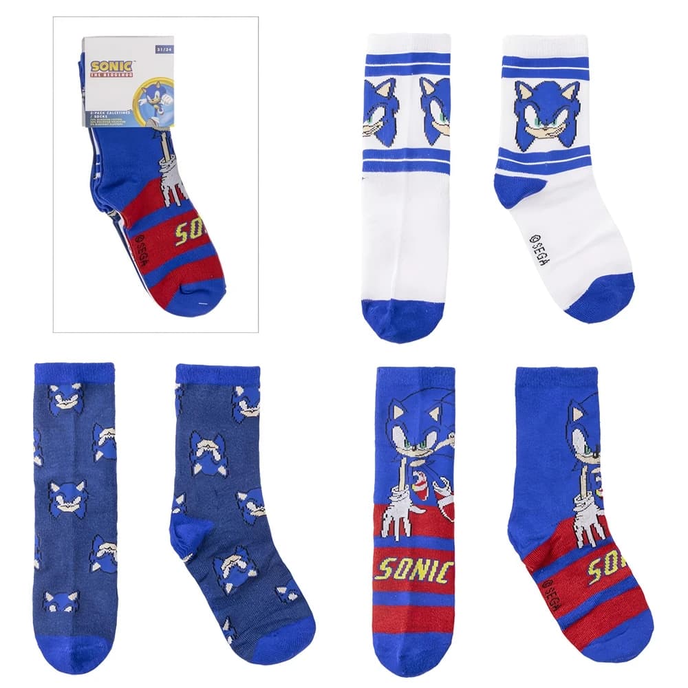 Händlercollage des Sonic the Hedgehog Socken 3er-Sets: drei Paar in unterschiedlichen Designs und die Verkaufsverpackung