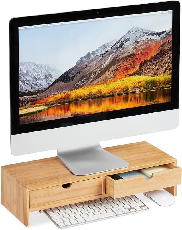 Relaxdays Bambus-Monitorständer mit 2 Schubladen