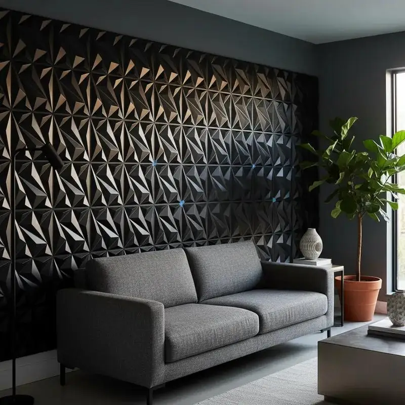 3D Wandpanels in Schwarz an einer Wand — geometrisches Rautenmuster mit Licht- und Schatteneffekten