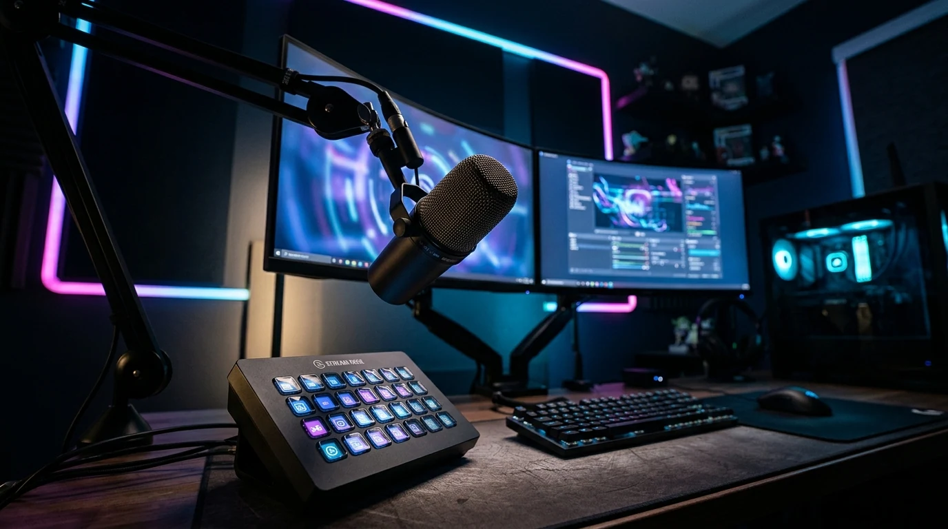 Dark streaming workstation with gaming microphone, mechanical keyboard, mouse, monitors and desktop gaming equipment